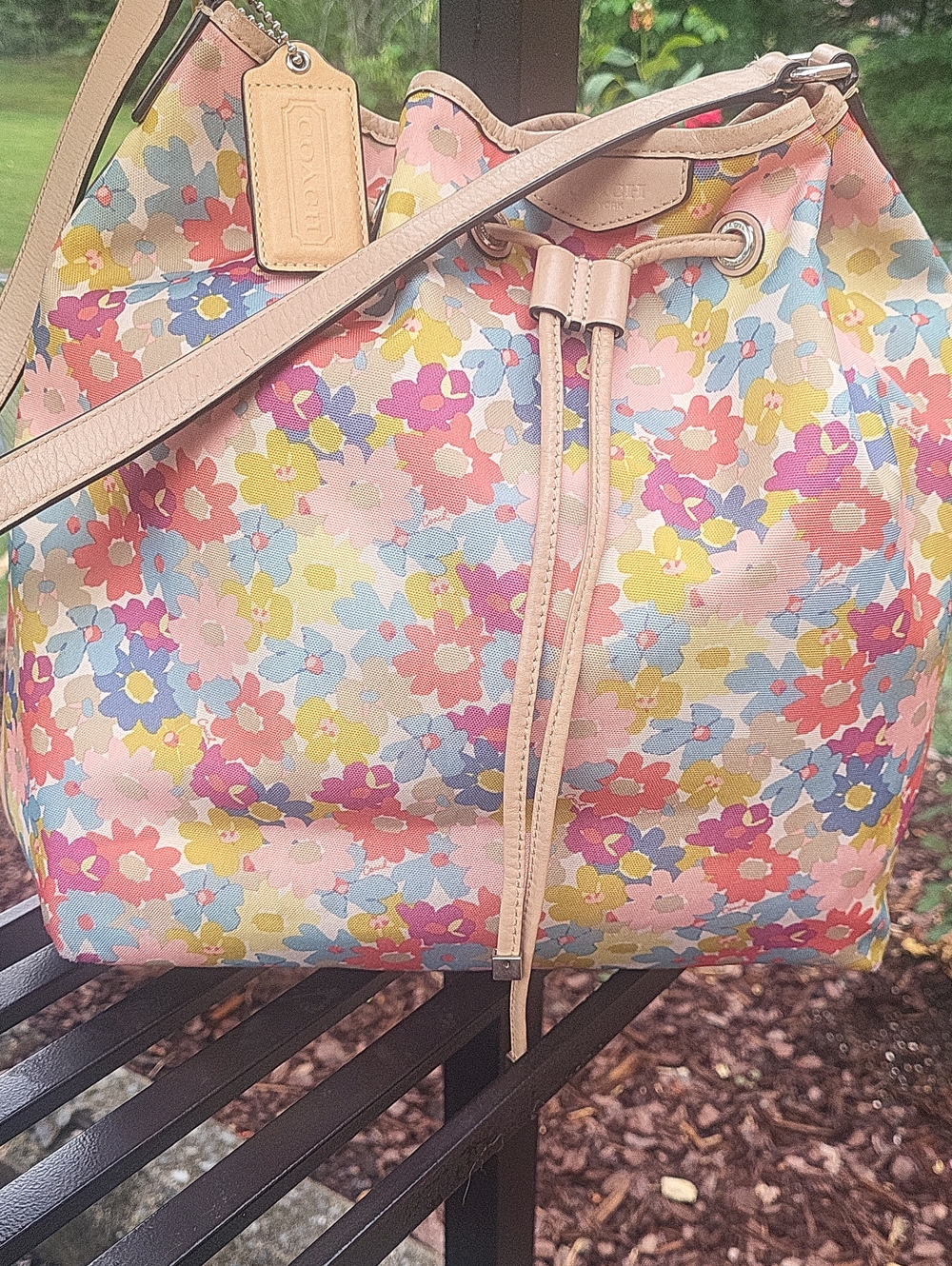 Coach Multicolor Floral Drawstring Hobo with Pink Trim